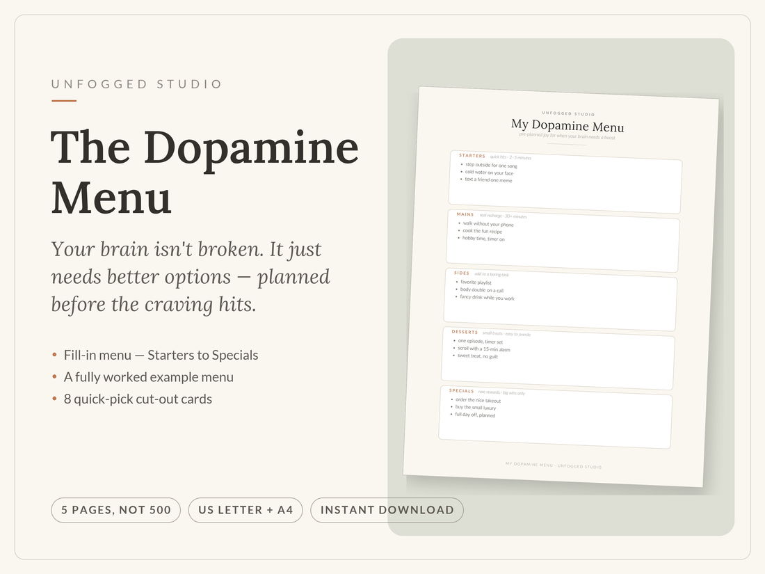 The Dopamine Menu printable — restaurant-style menu page